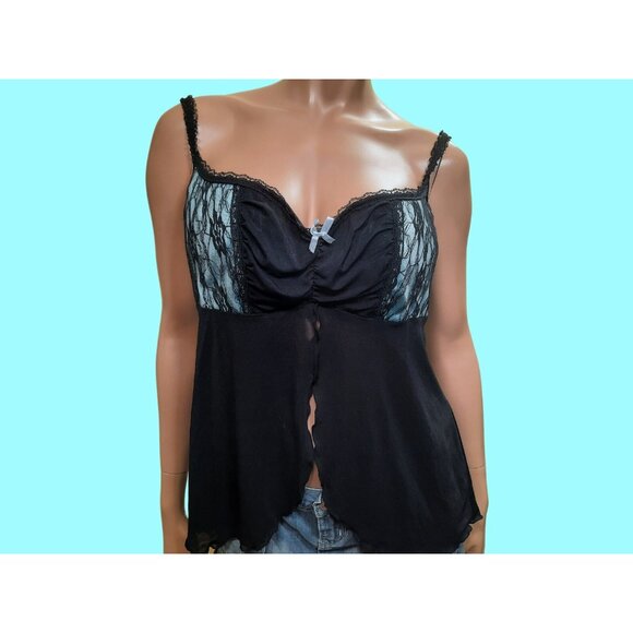 Y2K Coquette Babydoll Lingerie Top XL Split Front Blue Black Lace Camisole - Picture 12 of 12